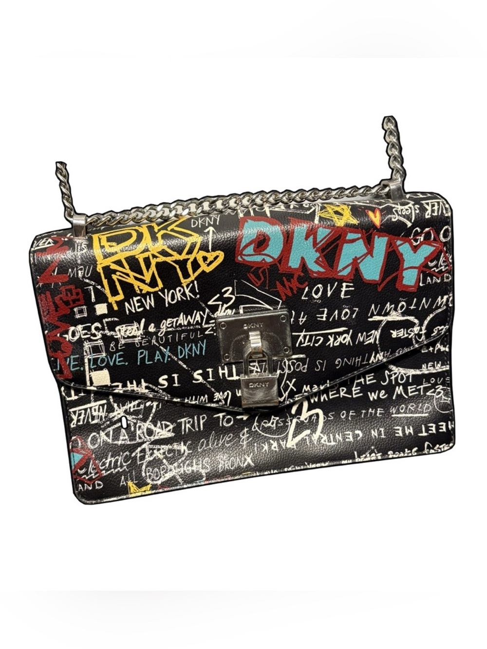 DKNY Elissa Black Graffiti Print Chain Shoulder Bag